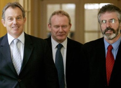 Blair with McGuinness and Adams leaving Downing St in 2005