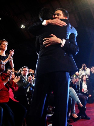 Brothers Ed and David Miliband hug as Ed Miliband wins the Labour Party Leadership contest