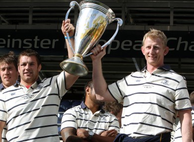 Sean O'Brien and Leo Cullen with the Heineken Cup at today's Leinster homecoming in the RDS.