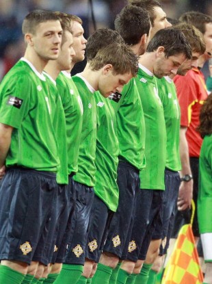 Players from Northern Ireland stand for their anthem at the Aviva Stadium game with Scotland in February.