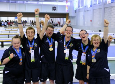 The Irish bocce team celebrate with their medals