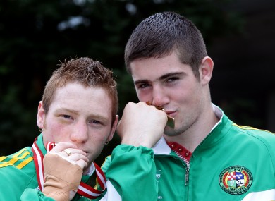 Ray Moylette and Joe Ward show off their gold medals from the European Amateur Boxing Championships.