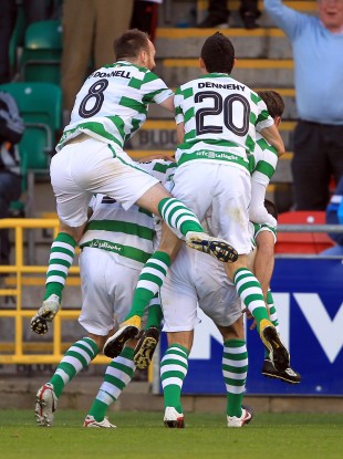 Chris Turner celebrates scoring against FC Talinn of Estonia.
