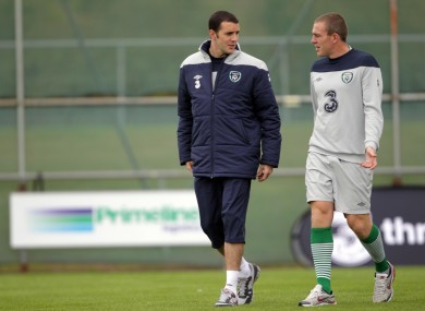 John O'Shea and Richard Dunne in training yesterday.
