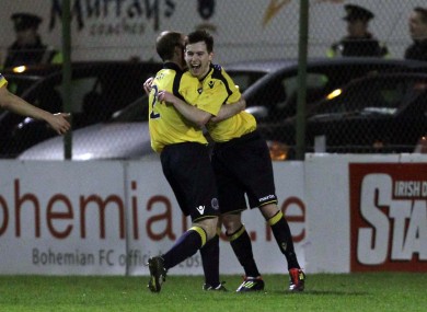 Karl Moore (right) celebrates his goal with Bohs captain Owen Heary.