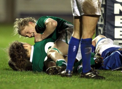 Jennifer Murphy celebrates her second-half try with Laura Guest.