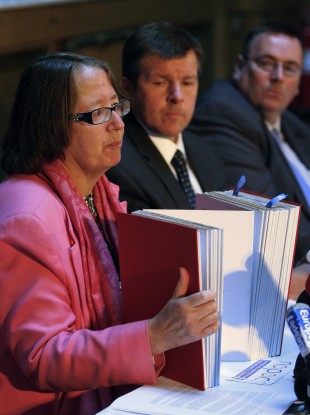 Dr Margaret Kennedy, left, representing MACSAS at a press conference in London.
