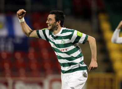 Brennan celebrates scoring in the win over Monaghan United.