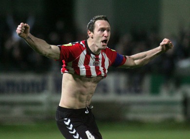 Derry City's Barry Molloy celebrates at the Brandywell last night after scoring against Linfield.