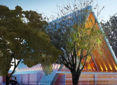 An artist's rendering of Shigeru Ban's design for the temporary cathedral.