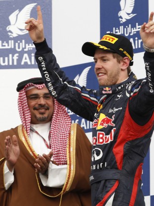 Sebastian Vettel celebrates his win in Bahrain