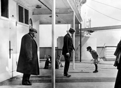 Still from video shows one of Browne's iconic photographs from the deck of the Titanic