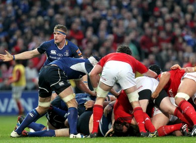 Leinster's Jamie Heaslip signals to the Referee after a scrum collapses last Saturday.