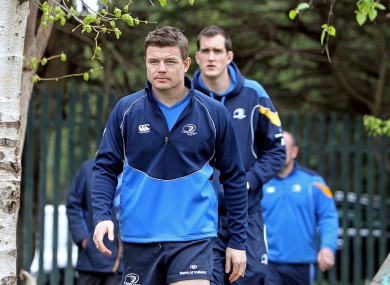 Brian O'Driscoll leads Devin Toner at Leinster training today.
