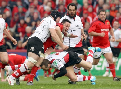 James Coughlan is crunched by Stephen Ferris, left, and Stefan Terblanche during Sunday's Heineken Cup quarter-final defeat against Ulster.