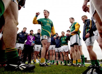 Meath's Seamus Kenny spreaks to his teammates before the game.