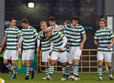 The Rovers players congratulate Chris Turner (centre).