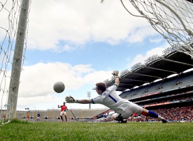 Mayo's Patrick Harte scores against Kerry from a penalty.