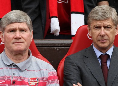 Arsenal's manager Arsene Wenger (right) and Pat Rice on the touchline.