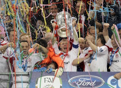 Sligo Rovers captain Richie Ryan lifts last season's FAI Cup.