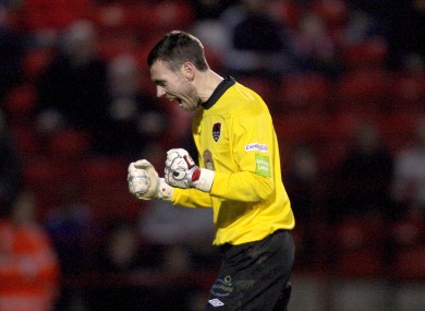 Cork City goalkeeper Mark McNulty celebrates their second goal against Shelbourne.