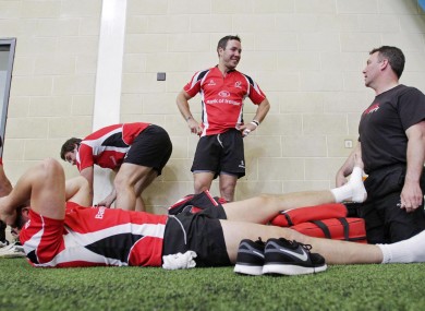 Paddy Wallace, centre, and his Ulster team-mates after training yesterday.
