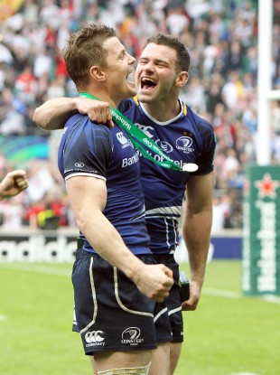 Brian O'Driscoll and Fergus McFadden celebrate.
