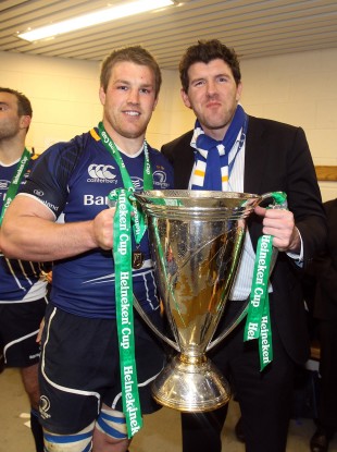 Leinster's Sean O'Brien and Shane Horgan celebrate at Twickenham.
