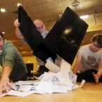 Ballot boxes are unopened as counting in the Campaign for the European Fiscal Stability Treaty Referendum begins at the Dublin City count centre in CityWest. (Laura Hutton/Photocall Ireland)