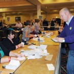 Sinn Fein's Daithi Doolan tallies as the count begins at the Dublin City count centre in CityWest. (Laura Hutton/Photocall) Ireland