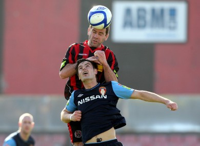 Bohs' Dave Mulcahy beats St Pat's Greg Bolger to a header during the sides' meeting at Dalymount Park.