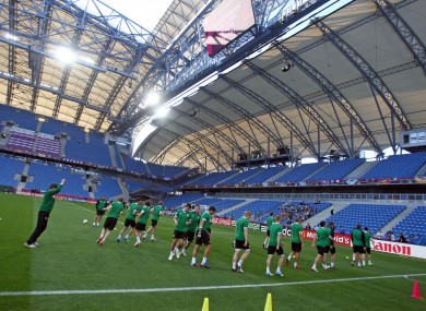 The Irish squad train at the Municipal Stadium in Poznan yesterday.