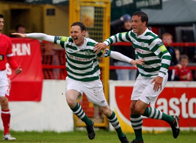 Gary Twigg of Rovers celebrates scoring a goal with Graham Gartland.