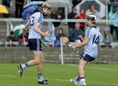 Dublin's Paul Winters celebrates scoring a goal with teammate Cian Boland in their Leinster MHC semi-final.