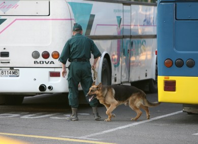 A Bulgarian policeman with a sniffer dog checks for explosives by parked buses at Burgas airport