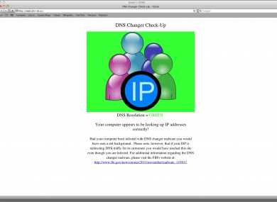 This is the screen displayed if your computer is free of the malware, according to the DNS Changer Working Group