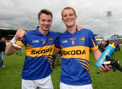 George Hannigan (right), celebrates Tipperary's recent qualifier win over Wexford with teammate Hugh Coghlan.