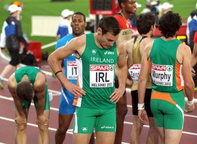 Ireland's David Gillick stands dejected after the 4 x 400m relay in Helsinki.