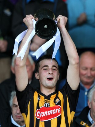 Kilkenny captain Kevin Kelly lifts the trophy.