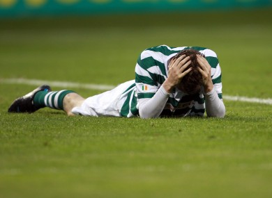 Gary Twigg after missing a chance.