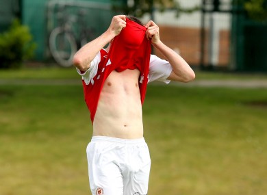 St Pats' Anto Flood reacts to a missed chance.