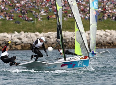 Ireland's Matt McGovern and Ryan Seaton compete in the Men's 49ers, race 1 sailing on the waters off Weymouth today.