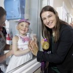The gold medalist meets five-year-old Ella Sherlock, who is in isolation, and mother Dawn, left, from Knocklyon, Dublin. (Photo: Mark Stedman/Photocall Ireland)