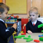 Great teamwork as Alexandru Pascaru (left) and Lucas Stout play with blocks together. Photo: Laura Hutton/Photocall Ireland