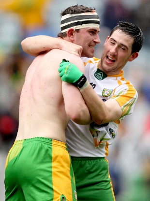 Patrick McBrearty, on left, celebrates with Donegal teammate Mark McHugh after Sunday's game.