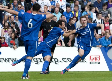 Peterhead's Rory McAllister (right) celebrates scoring during the Scottish Division Three match.