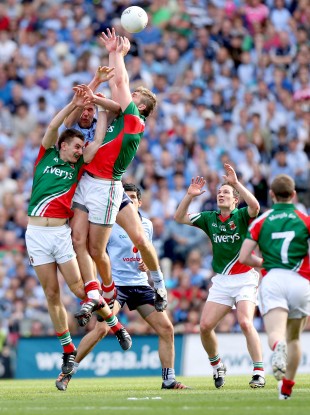 Mayo's Aidan O'Shea and Barry Moran in action against Dublin.