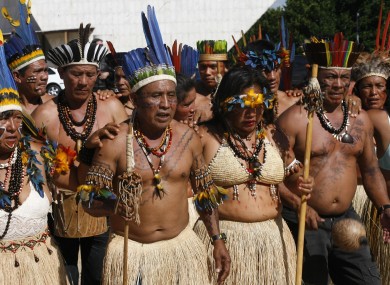 Brazil's Indians of Macuxi and Yanomami Amazon tribes demonstrate in Brasilia, Tuesday, Dec. 9, 2008