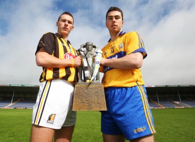 Cillian Buckley of Kilkenny with Conor McGrath of Clare at a photo call this week.