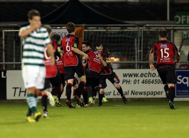 Kevin Devanney of Bohs celebrates the game's only goal against Shamrock Rovers on Monday night.